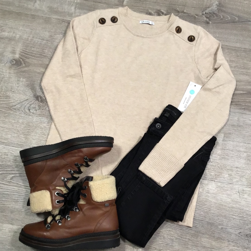 Pink Clover Neutral Beige Crewneck Sweater with Shoulder Buttons